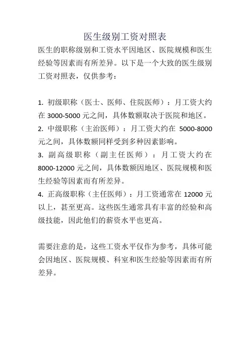 医生级别工资对照表