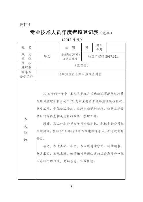 专业技术人员年度考核登记表(2018年)