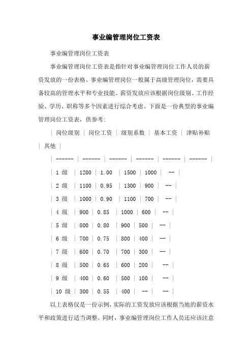 事业编管理岗位工资表