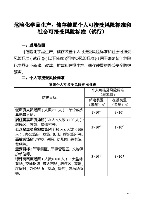 危险化学品生产、储存装置个人可接受风险标准和社会可接受风险标准(试行)