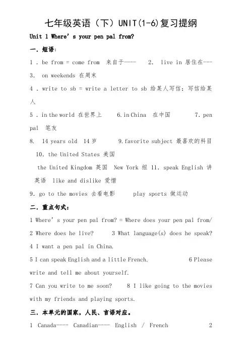 七年级英语下册(1-6)复习提纲-经典教学教辅文档