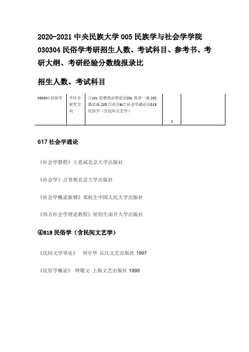 2020-2021中央民族大学民俗学考研招生人数、考试科目、参考书、考研大纲、考研经验分数线报录比