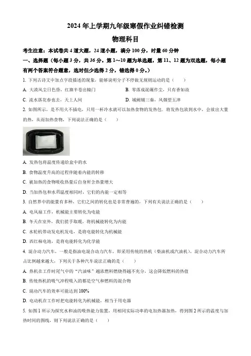 精品解析：湖南省长沙市雅礼实验学校2023-2024学年九年级下学期入学考试物理试题(原卷版)