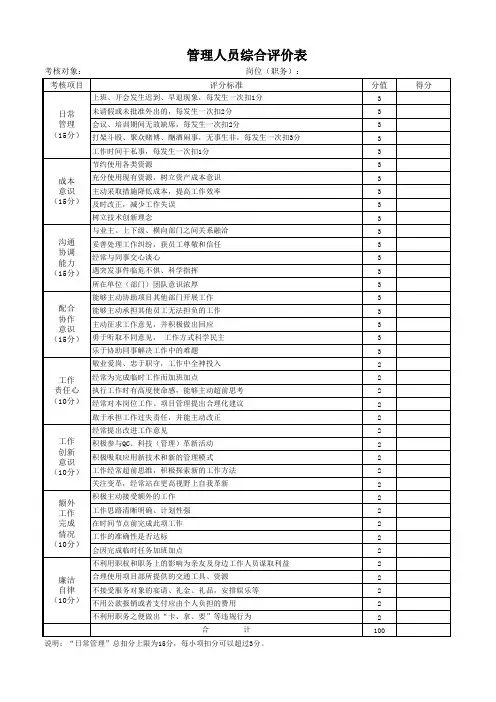 管理人员综合评价表