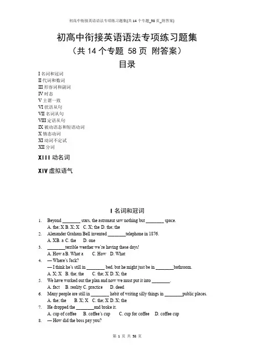 初高中衔接英语语法专项练习题集(共14个专题_58页_附答案)