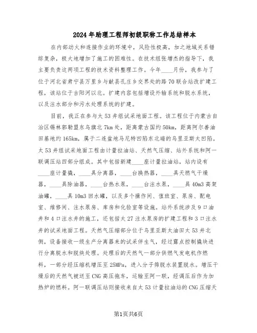2024年助理工程师初级职称工作总结样本（3篇）