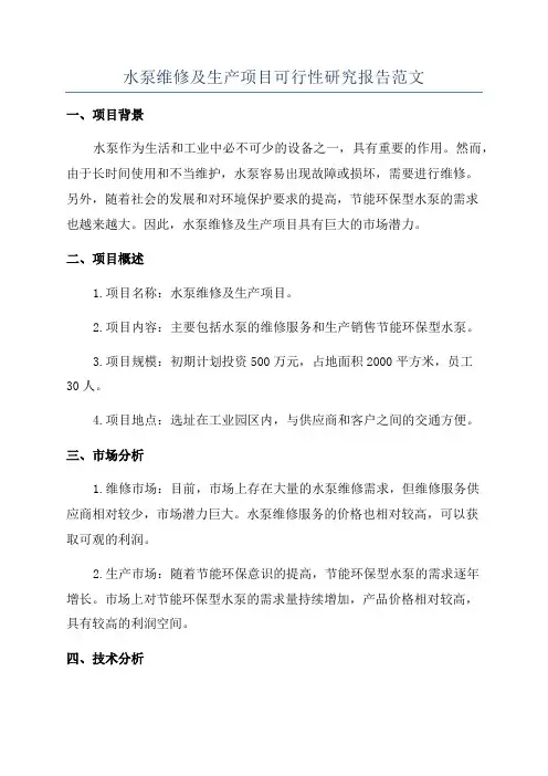水泵维修及生产项目可行性研究报告范文