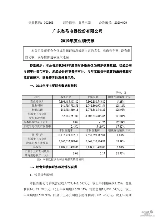 奥马电器：2019年度业绩快报