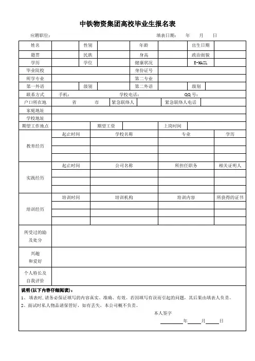 中铁物资集团高校毕业生报名表