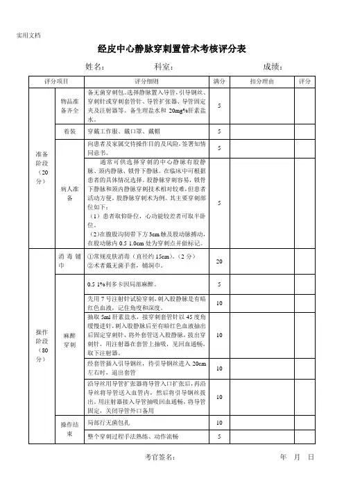经皮中心静脉穿刺置管术考核评分表