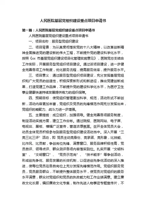 人民医院基层党组织建设重点项目申请书