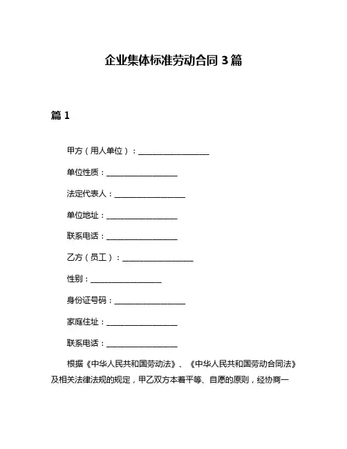 企业集体标准劳动合同3篇