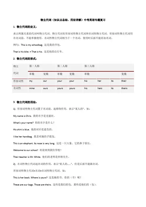 物主代词(知识点详解)中考英语专题复习
