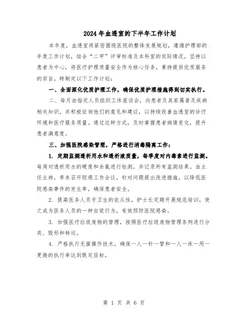 2024年血透室的下半年工作计划（4篇）