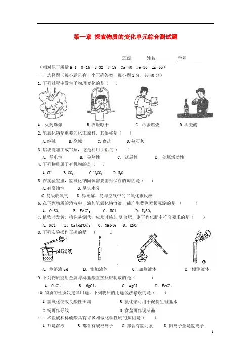 九年级科学上册 第一章 探索物质的变化单元综合测试题(无答案) 浙教版
