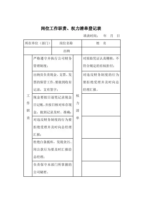 出纳岗位工作职责、权力清单登记表