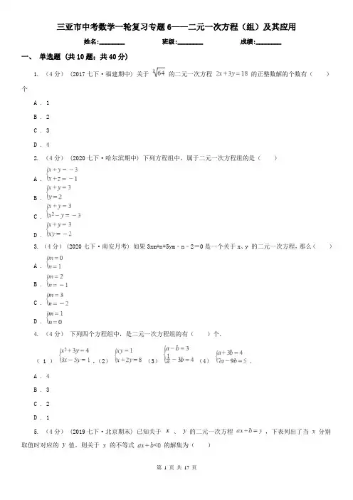 三亚市中考数学一轮复习专题6——二元一次方程(组)及其应用