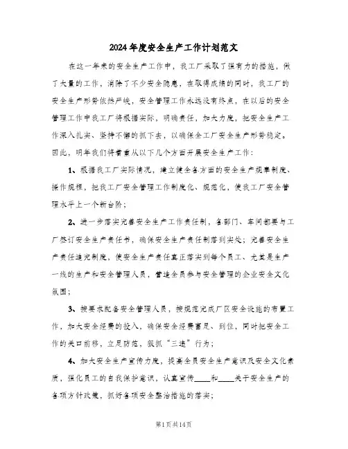 2024年度安全生产工作计划范文（四篇）
