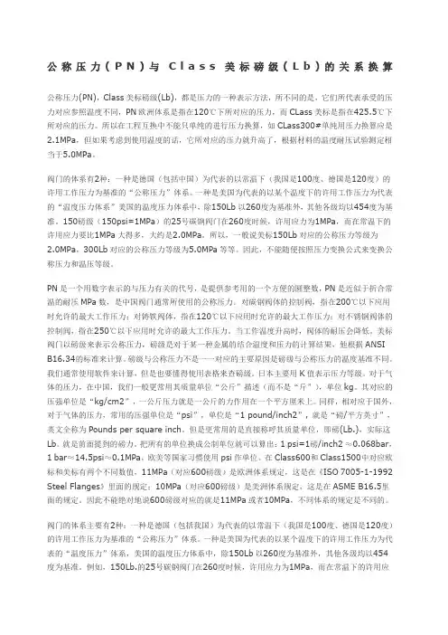 公称压力N与Class美标磅级Lb的关系换算