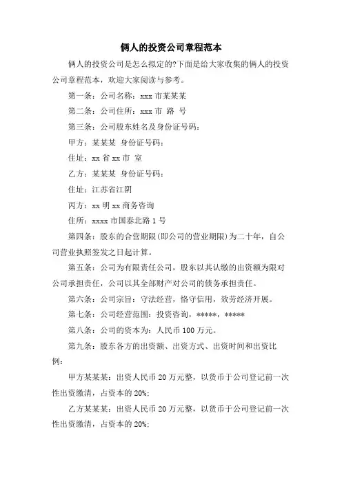 俩人的投资公司章程范本