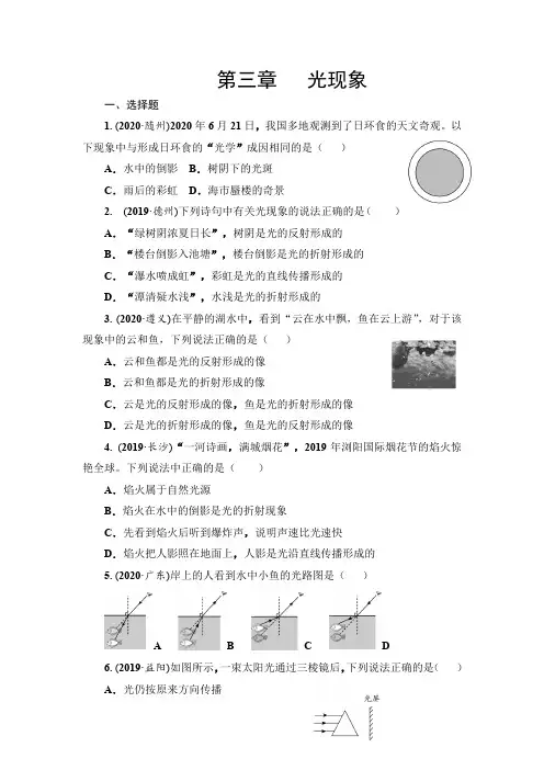 2021年春人教版九年级物理中考考点过关训练《光现象》(Word版附答案)