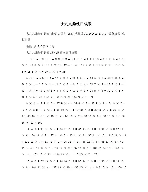 大九九乘法口诀表