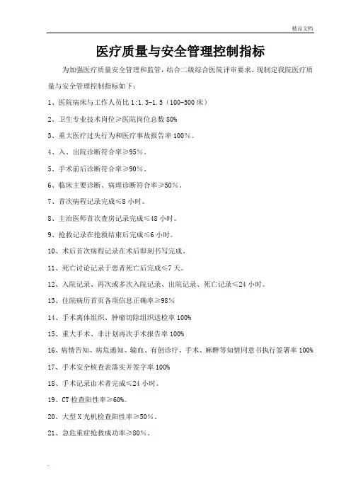 二级综合医院医疗质量与安全管理控制指标