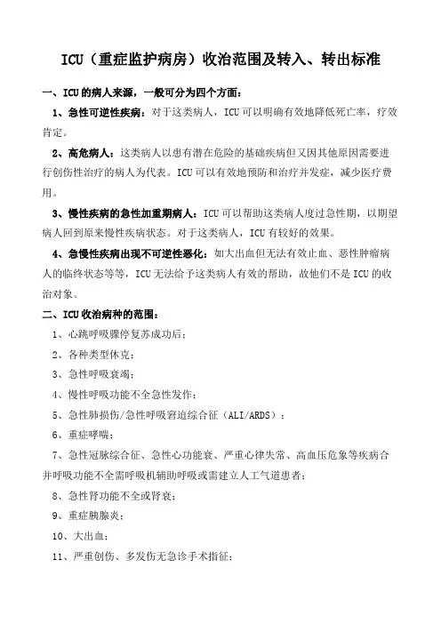 ICU重症监护病房收治范围及转入转出标准