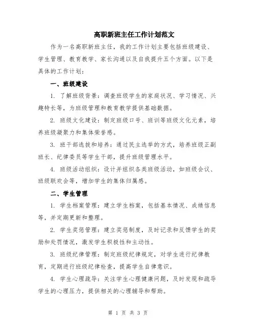高职新班主任工作计划范文