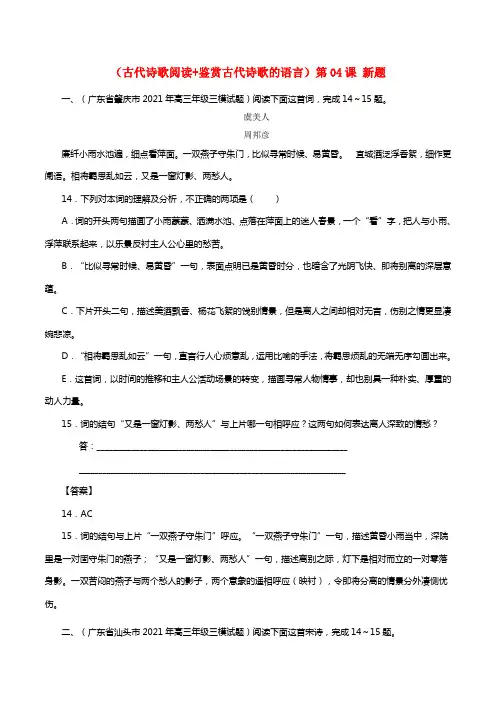 2021年高三语文一轮总温习（古代诗歌阅读鉴赏古代诗歌的语言）第04课新题（含解析）