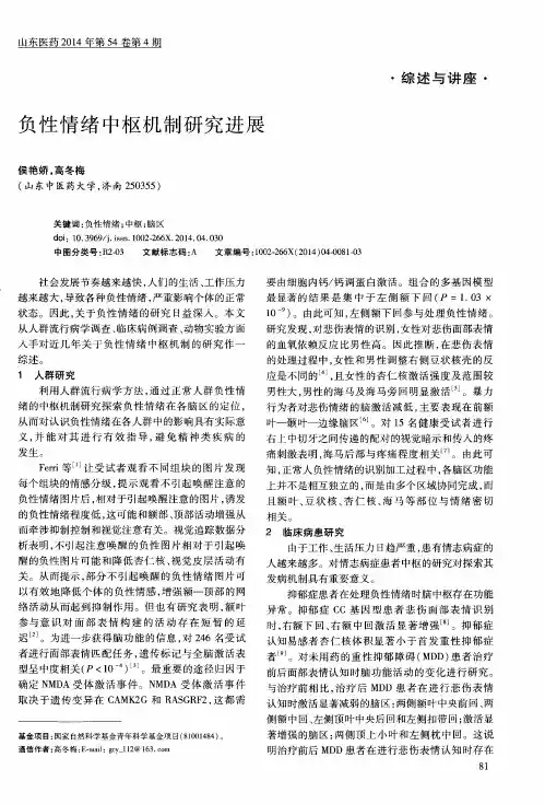 负性情绪中枢机制研究进展