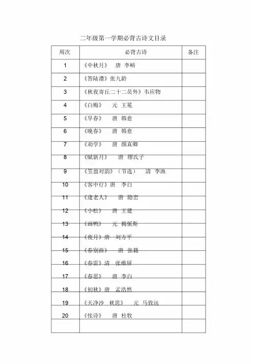 人教版2018新版二年级上学期必背古诗