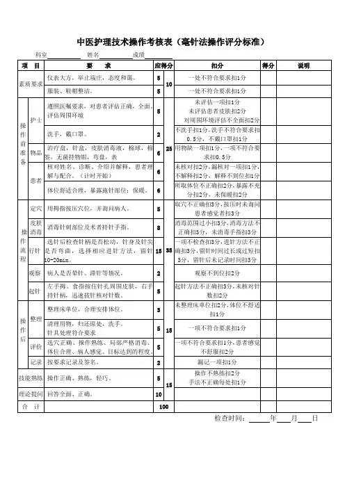 中医护理技术操作考核标准(毫针法)