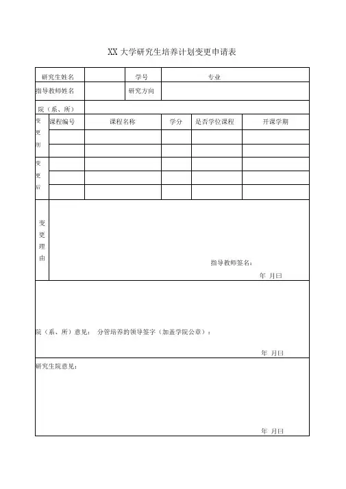 东南大学研究生培养计划变更申请表