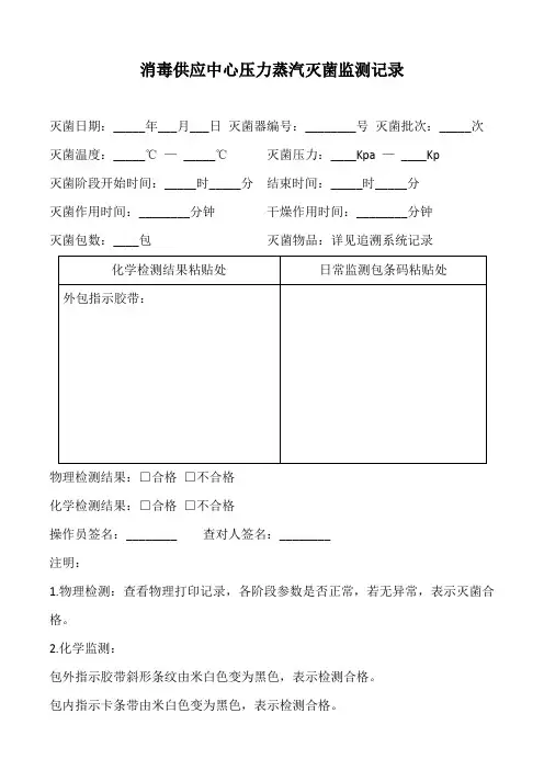 消毒供应中心压力蒸汽灭菌监测记录表