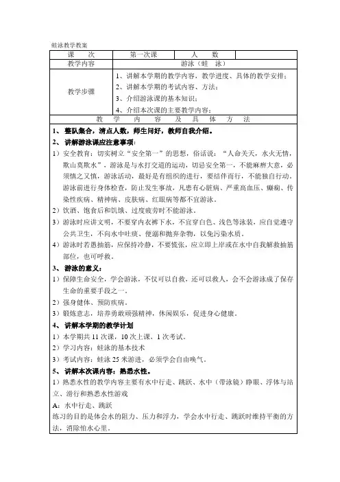 (完整版)蛙泳教学     教案