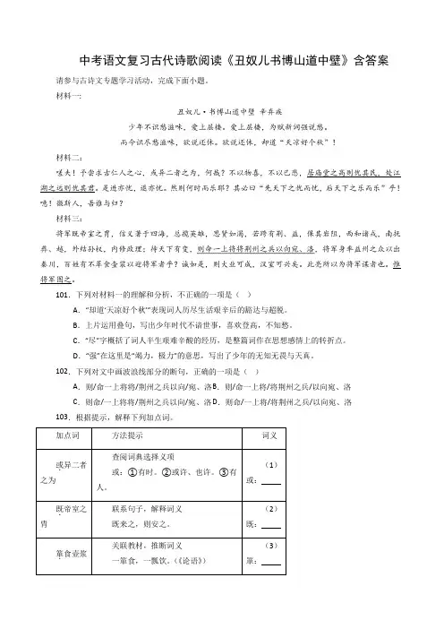 中考语文复习古代诗歌阅读《丑奴儿书博山道中壁》含答案