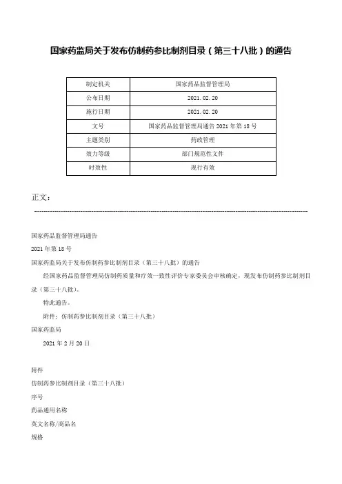 国家药监局关于发布仿制药参比制剂目录（第三十八批）的通告-国家药品监督管理局通告2021年第18号