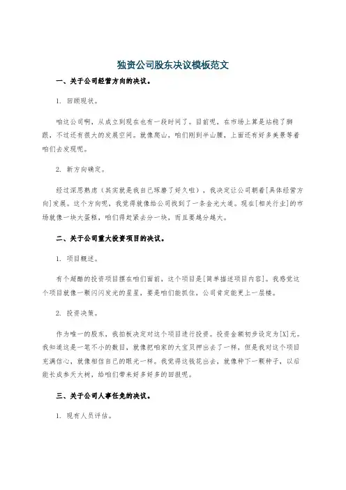 独资公司股东决议模板范文
