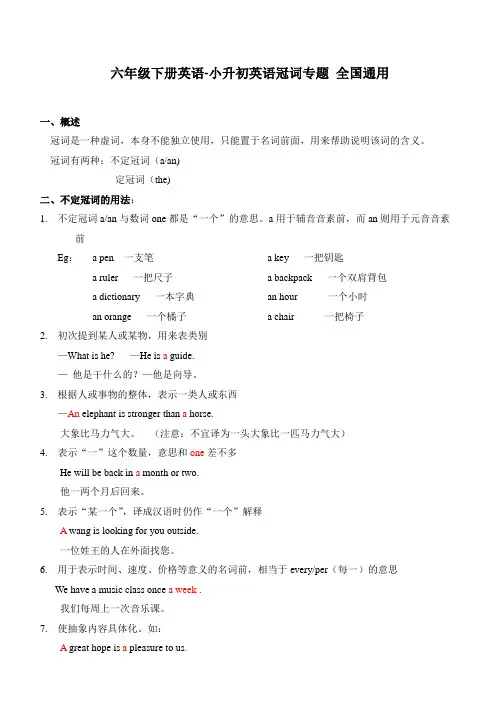 六年级下册英语素材-小升初英语冠词专题 全国通用