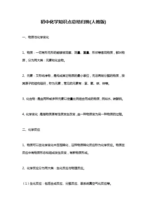 初中化学知识点总结归纳(人教版)