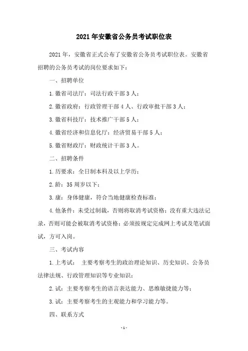 2021年安徽省公务员考试职位表