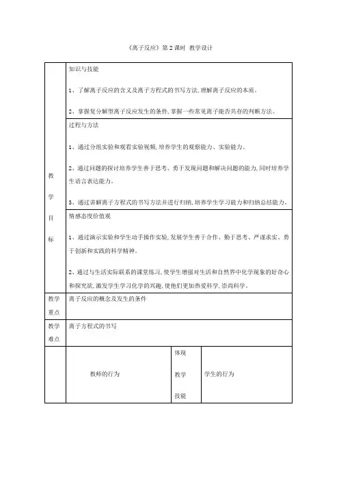 高中化学_《离子反应》第2课时教学设计学情分析教材分析课后反思