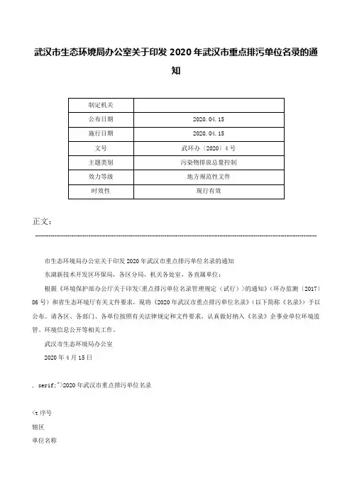 武汉市生态环境局办公室关于印发2020年武汉市重点排污单位名录的通知-武环办〔2020〕4号