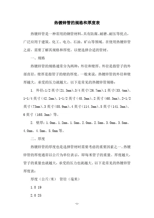 热镀锌管的规格和厚度表