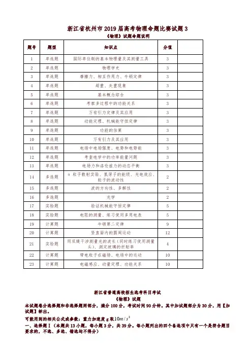 浙江省杭州市2019届高考物理命题比赛试题7-精编