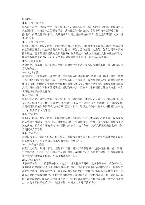 职位大全(各行各业职位简介,内含100个职位)2