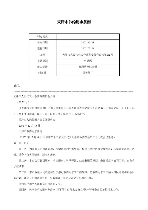 天津市节约用水条例-天津市人民代表大会常务委员会公告第22号