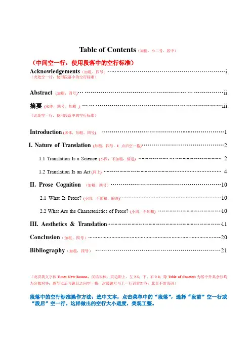 Table of Contents格式
