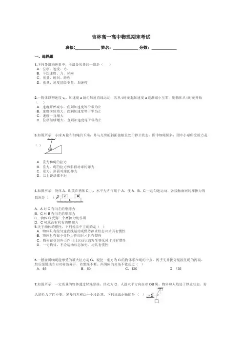 吉林高一高中物理期末考试带答案解析
